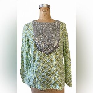 TORY BURCH Sz 6 Green Sequin Geometric Tunic Blouse 3/4 Sleeve Preppy Coastal